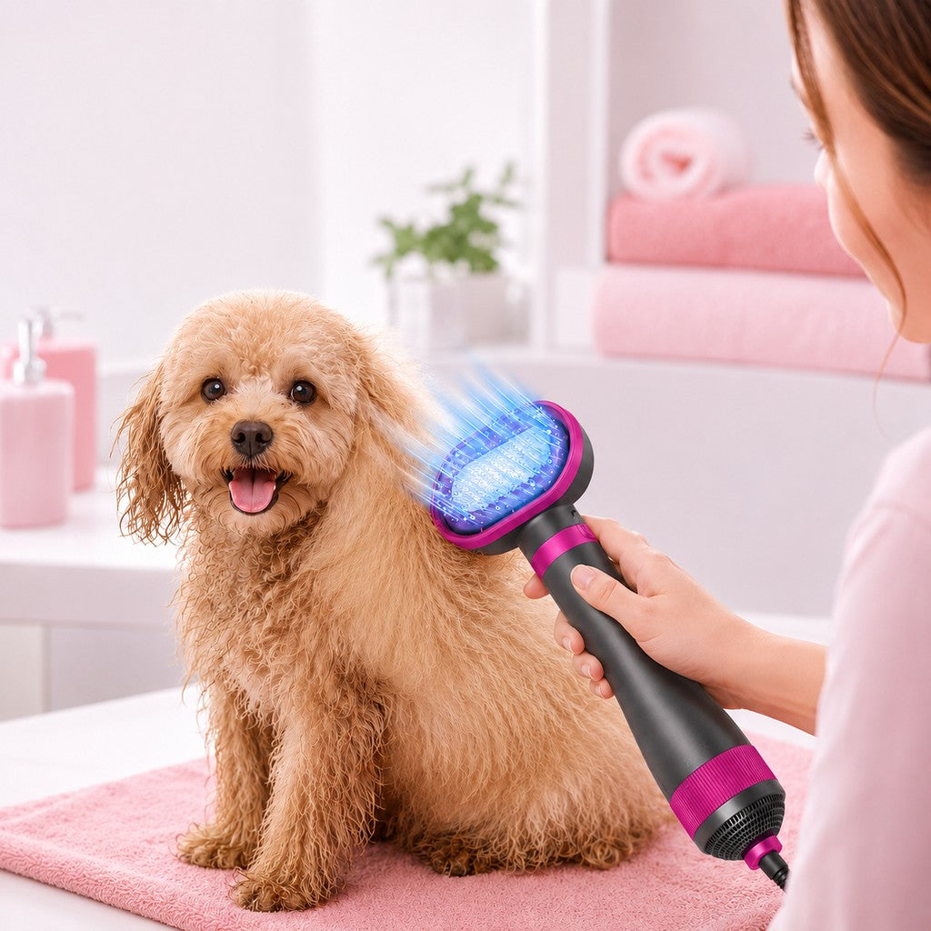 4-in-1 pet brush designed for dogs and cats, featuring drying and detangling functions, low-noise operation, and ergonomic handle for comfortable 1