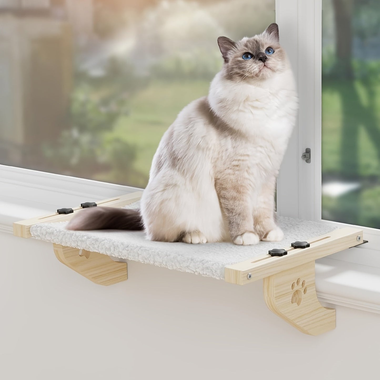 Adjustable cat window perch with a sturdy wooden frame, featuring a cozy hammock seat designed for cats to relax and enjoy the view. 7