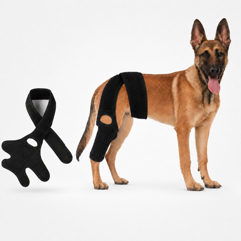 Adjustable dog knee brace designed for enhanced mobility and leg stability, made from soft flexible fabric, providing support for torn ACL and joint issues. 1