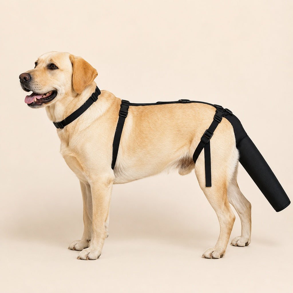 Adjustable dog tail protector with padded coverage, designed for medium to large dogs, featuring a soft fabric sleeve for comfortable recovery and protection. 0