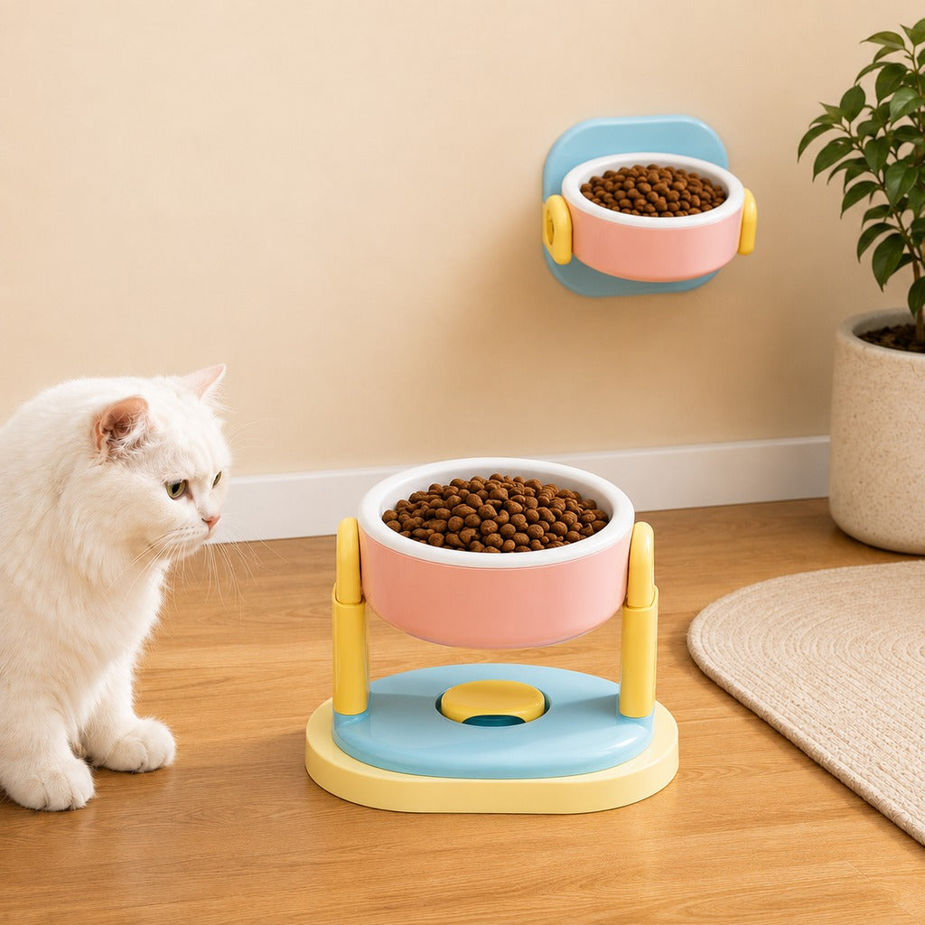 Adjustable elevated pet bowl with wall-mount option for cats and small dogs, featuring a space-saving double-bowl feeder design for comfortable dining. 11