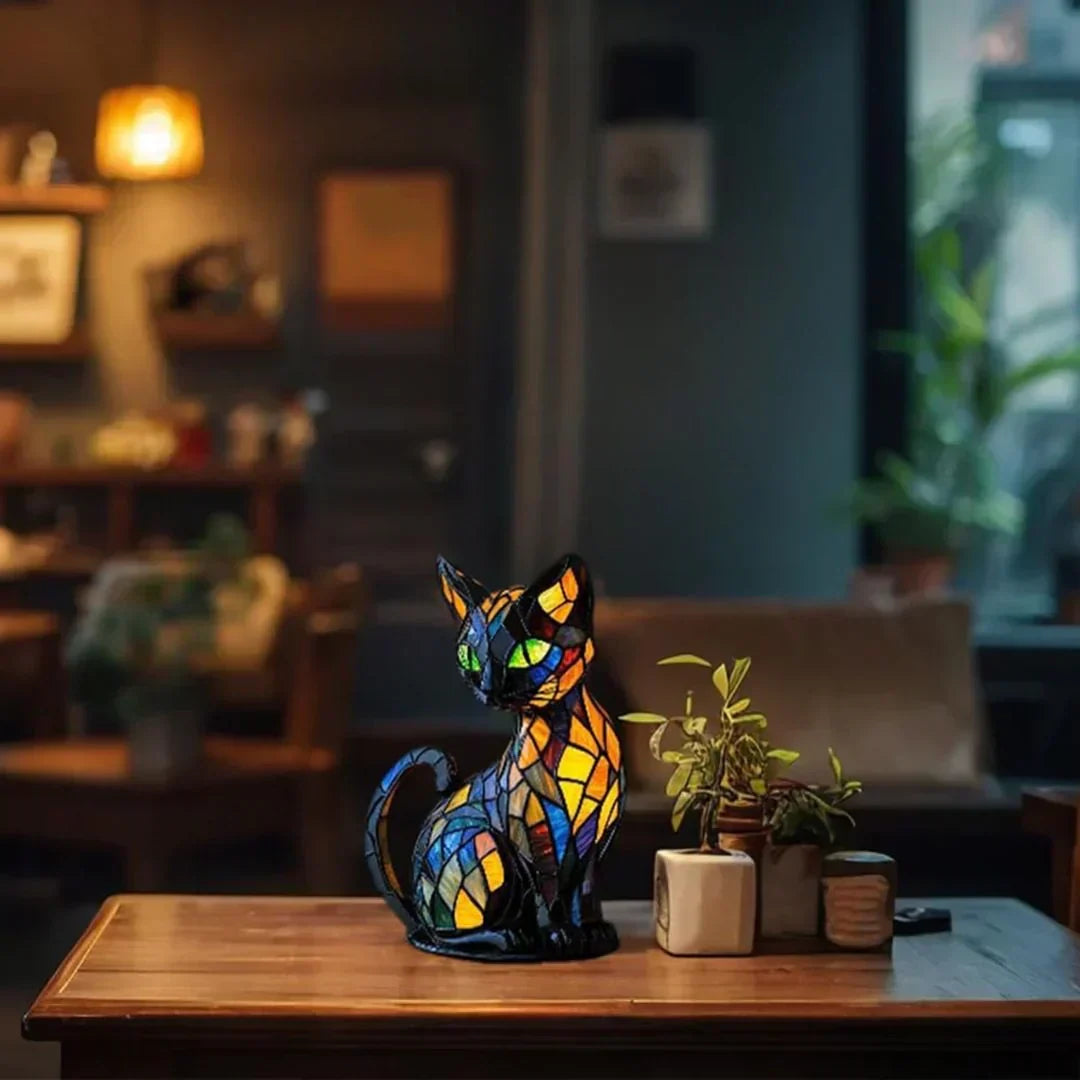 Cat-shaped LED lamp featuring a cordless battery-operated design, hand-finished for an artisanal glow, providing warm ambient light for cozy spaces. 4