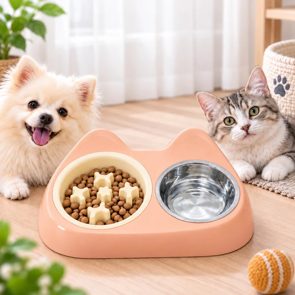Cat Ear Pet Bowl featuring a slow feeder design with double stainless steel bowls, perfect for small pets like cats and dogs, designed for a compact feeding station 13