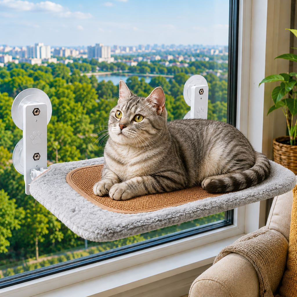 Cat window hammock featuring no-drill suction cups, designed for indoor cats with a space-saving breathable mesh design, providing a comfortable perch for sunny spots. 19