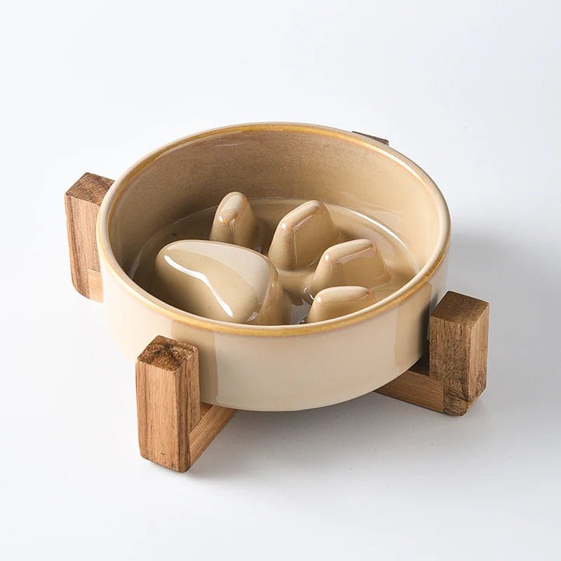 Ceramic Anti-Gobble Pet Bowl with Wooden Stand – Ergonomic Design for Cats and Small Dogs 13
