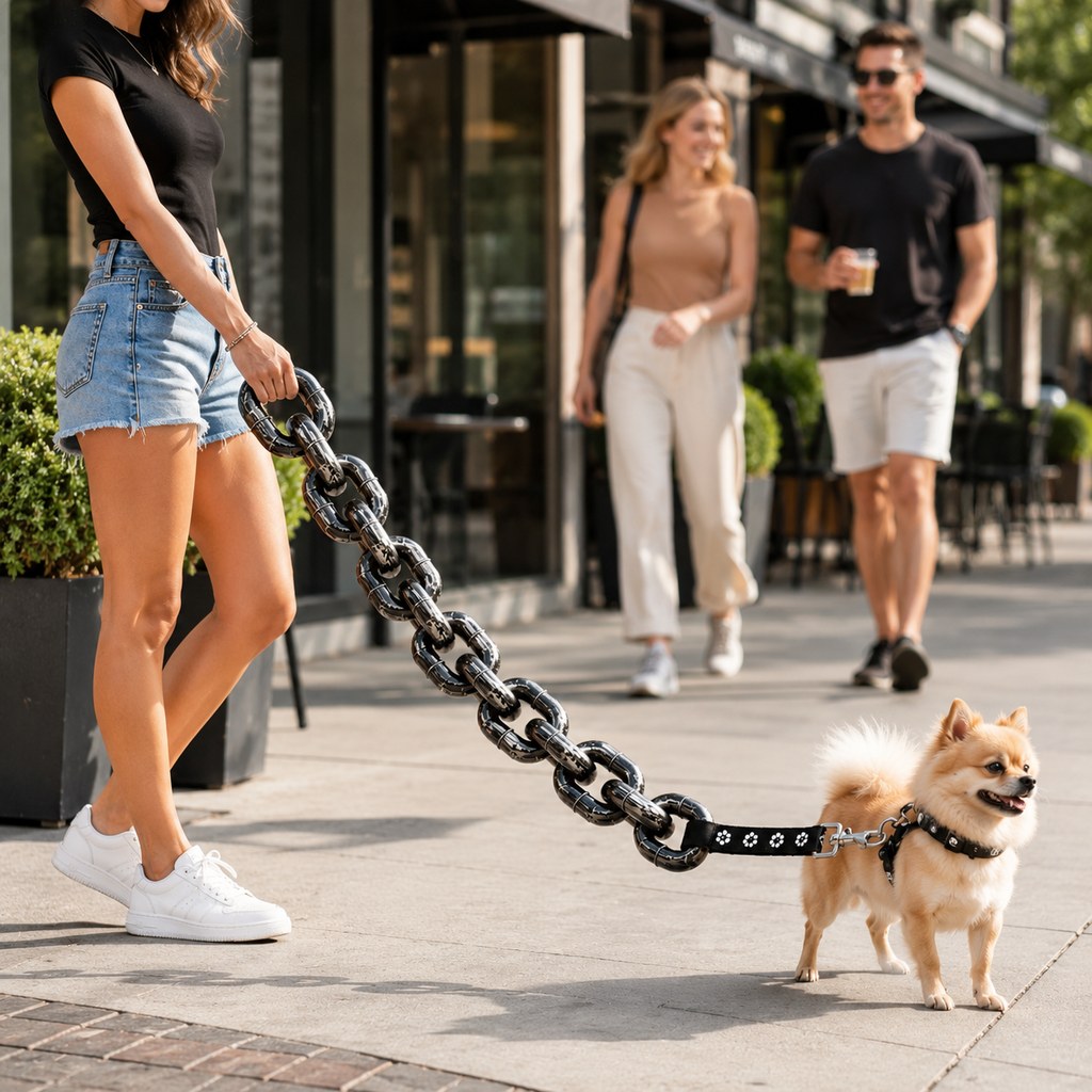 Chain-Look Dog Leash and Collar Set for Small Dogs featuring adjustable lengths in stylish black and silver, perfect for fashionable pet owners. 1
