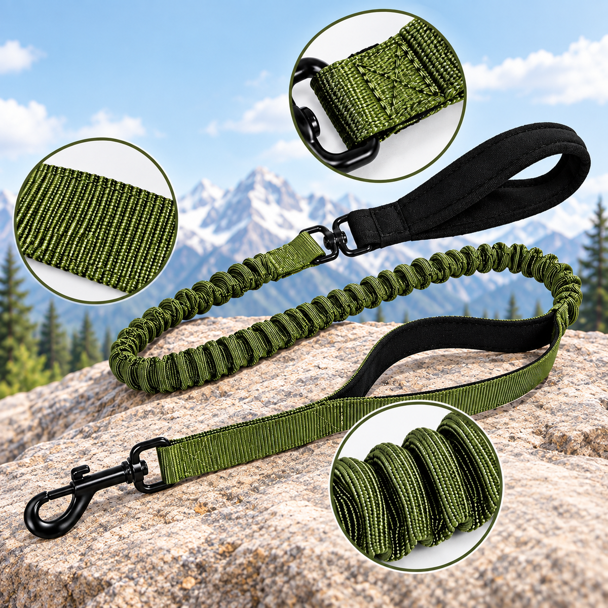 Dual Handle Dog Leash with Shock-Absorbing Bungee and Soft Grip – Durable Nylon for City Walks and Hiking