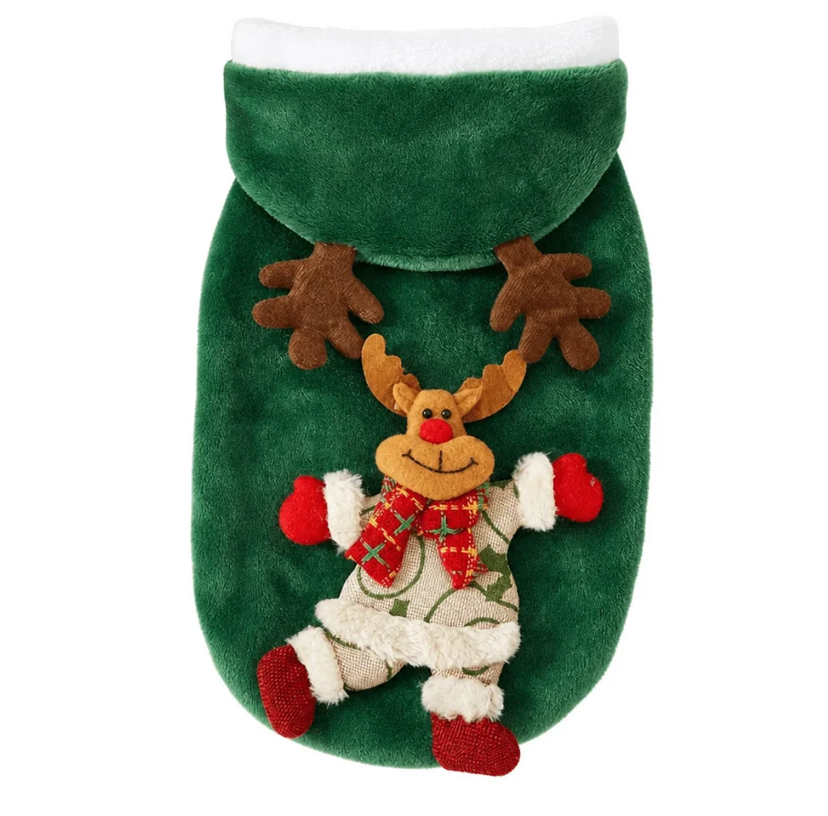 Christmas Pet Hoodie for Dogs and Cats made of soft plush fabric featuring festive designs of Santa, a snowman, and reindeer, perfect for holiday celebrations 14