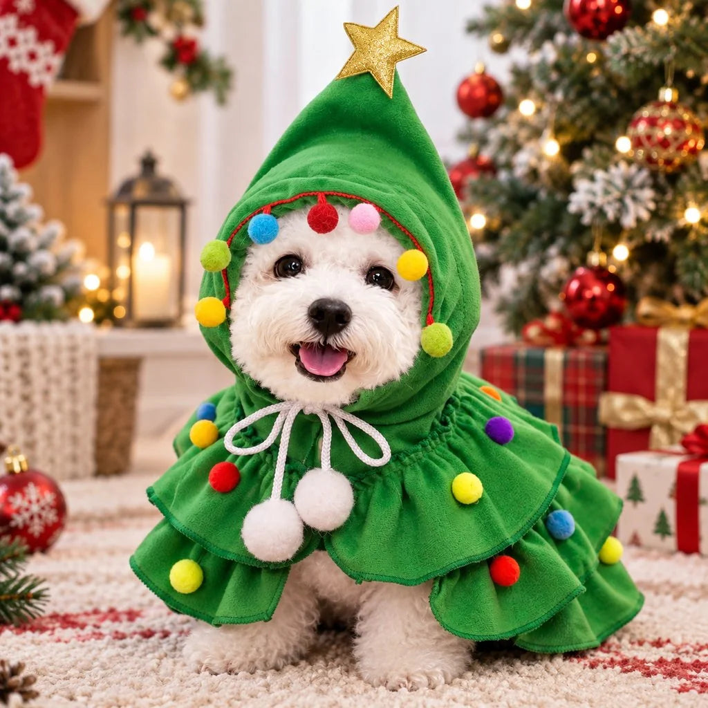 Christmas Tree Pet Costume with Hood and Pom-Poms for small dogs and cats, featuring a festive design perfect for holiday celebrations. 1