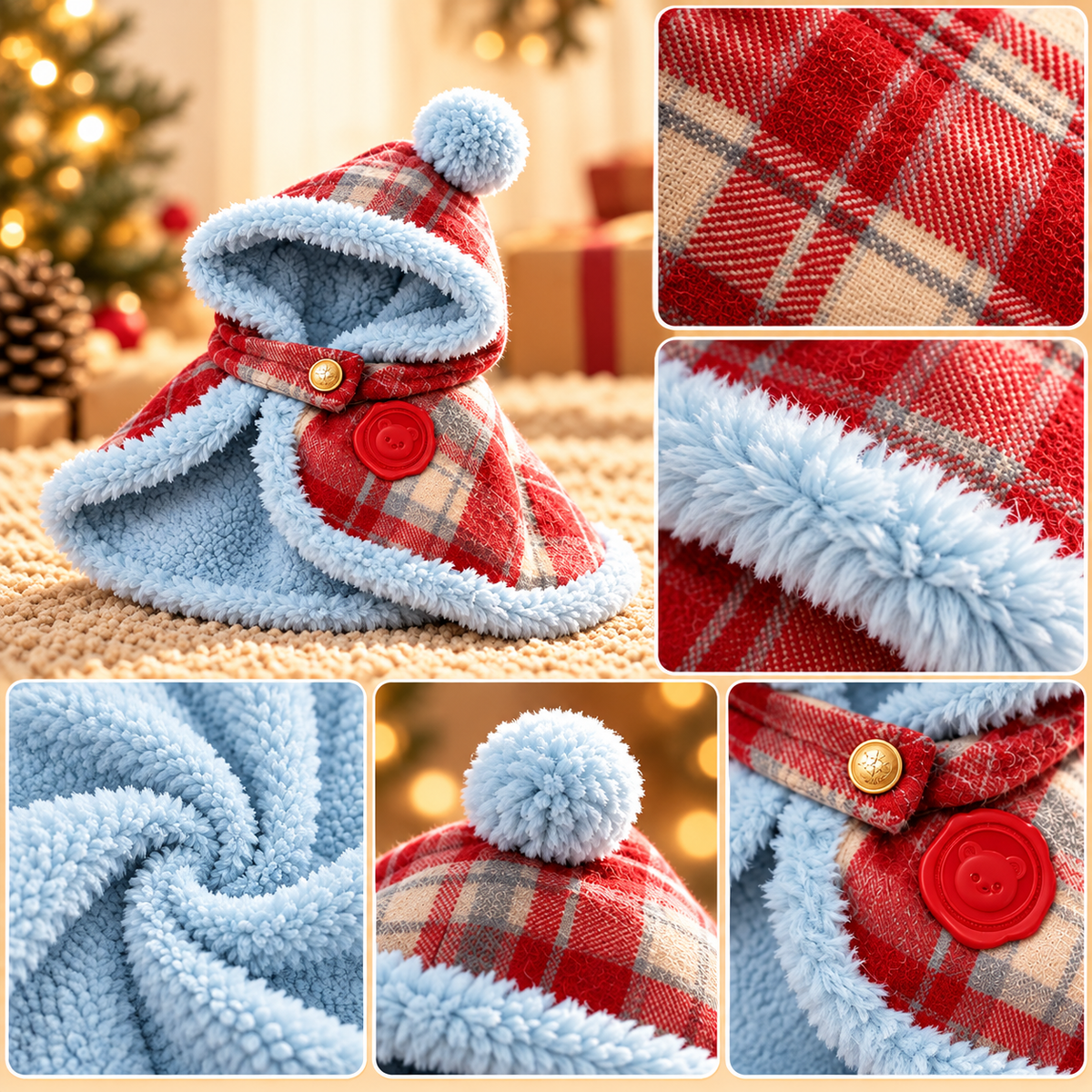 Red Plaid Hooded Christmas Pet Cape for Cats & Small Dogs with Plush Trim