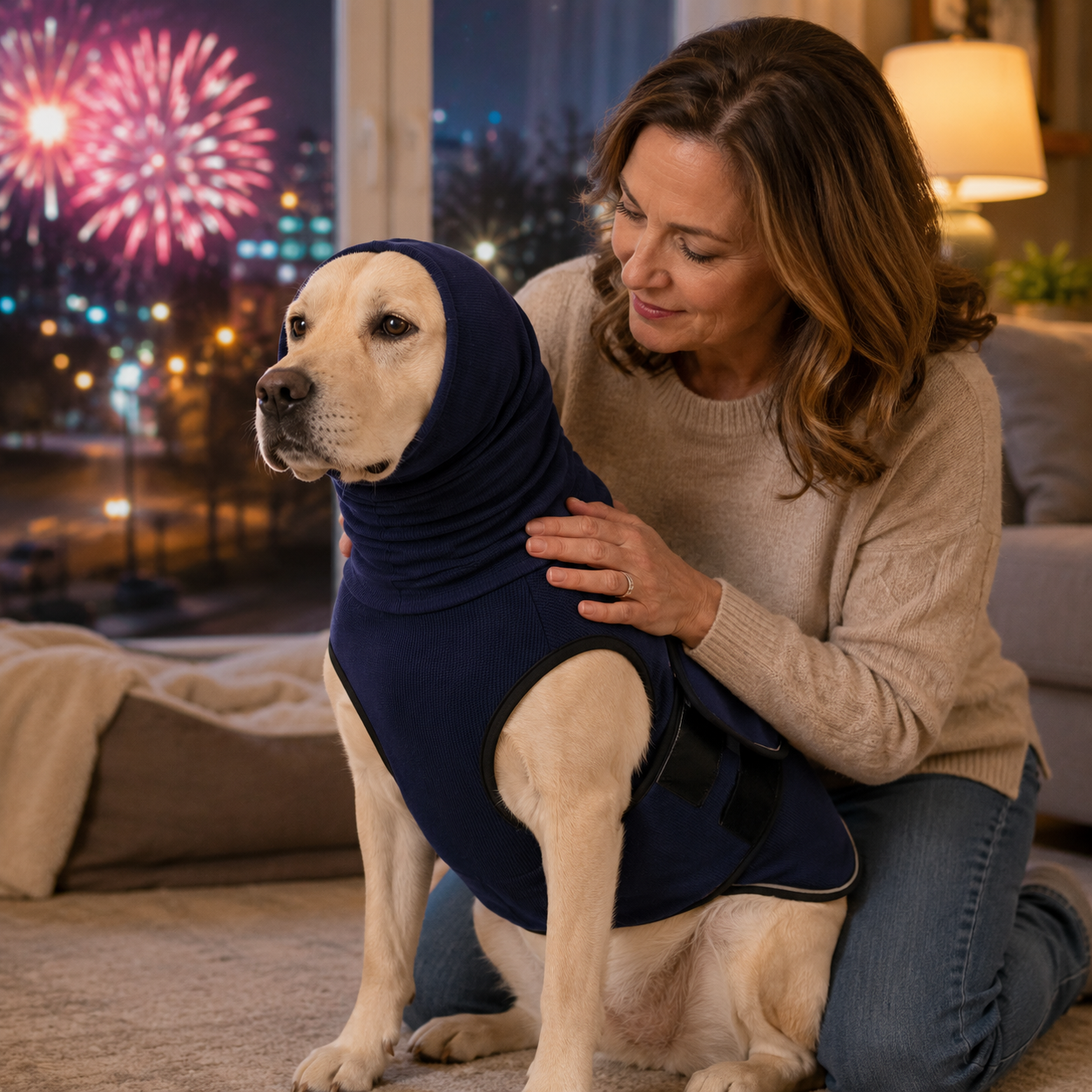 Dog calming shirt with ear-covering hood in olive green and navy, designed for anxiety relief during thunderstorms and fireworks, featuring an adjustable wrap for a comfortable 1