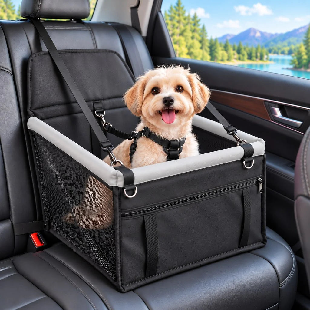 Dog car booster seat with adjustable straps and breathable mesh, designed for small dogs and cats, made from durable oxford fabric for safety and comfort during travel 22