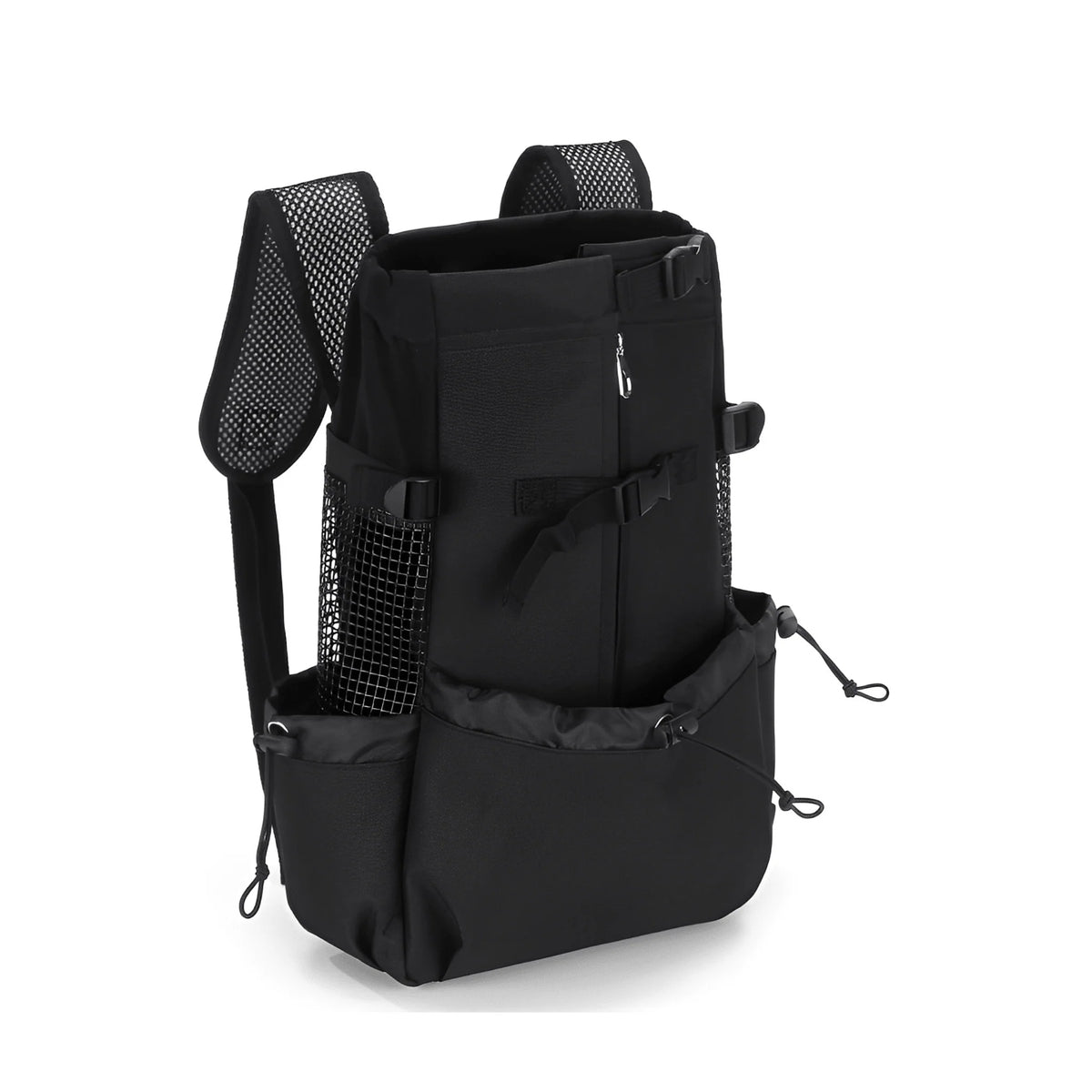 Dog carrier backpack designed for small dogs featuring breathable mesh panels, adjustable support straps, and reflective strips for safety and comfort. 9