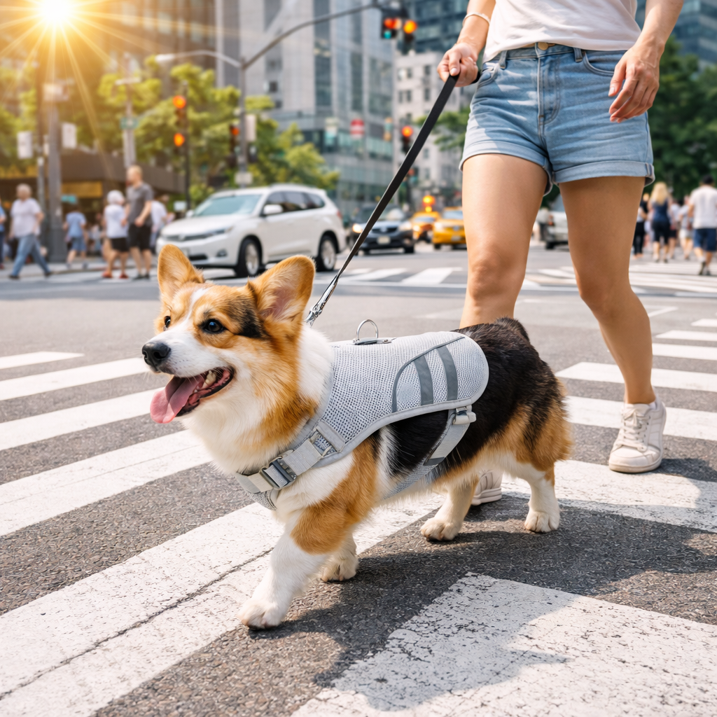Dog cooling vest featuring an ice pack pocket and reflective strips, designed for active dogs to stay cool and comfortable during summer activities. 5