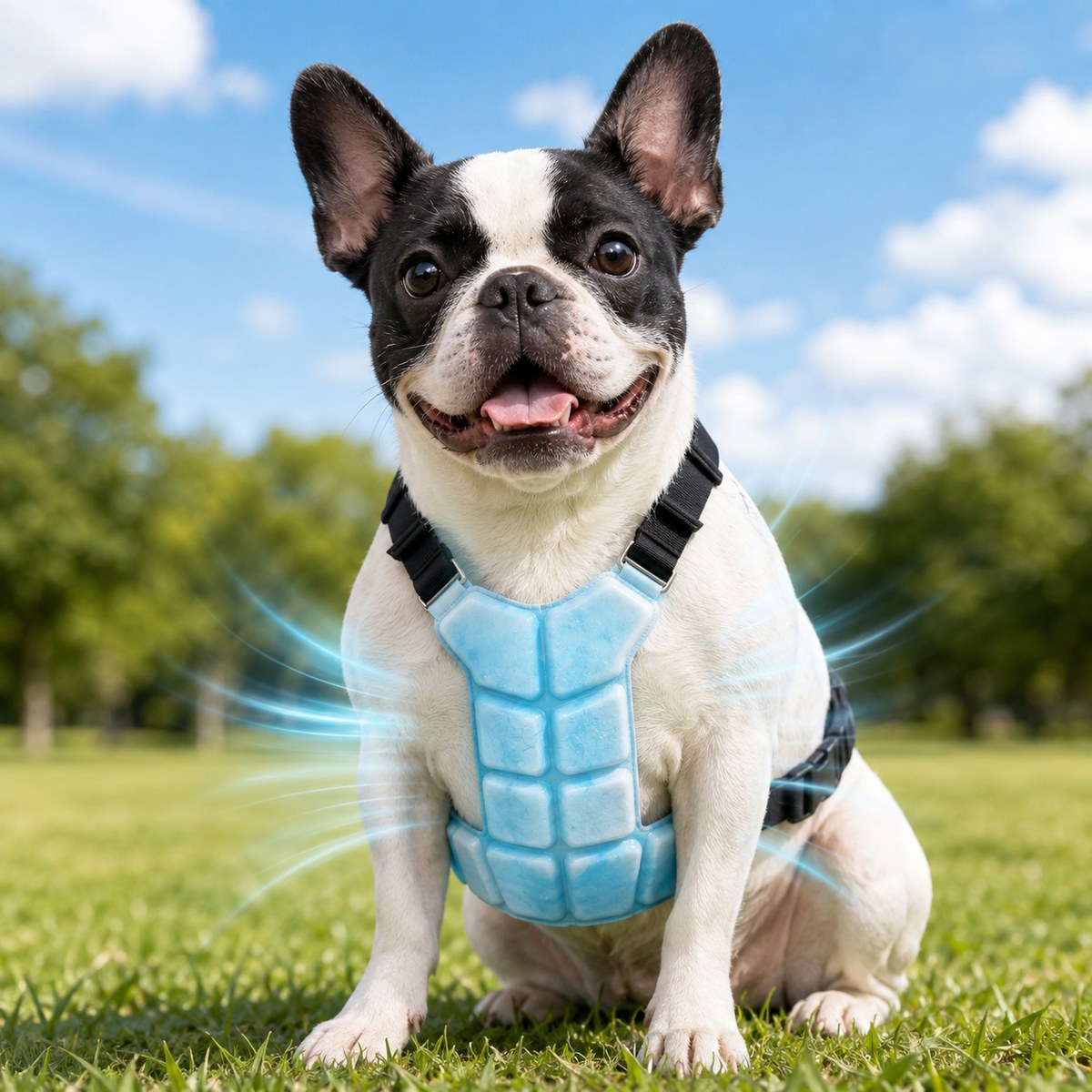 Dog Cooling Vest featuring advanced PCM Technology, an adjustable and reusable cooling jacket designed for dogs, perfect for hot summer days, and made with waterproof materials. 1