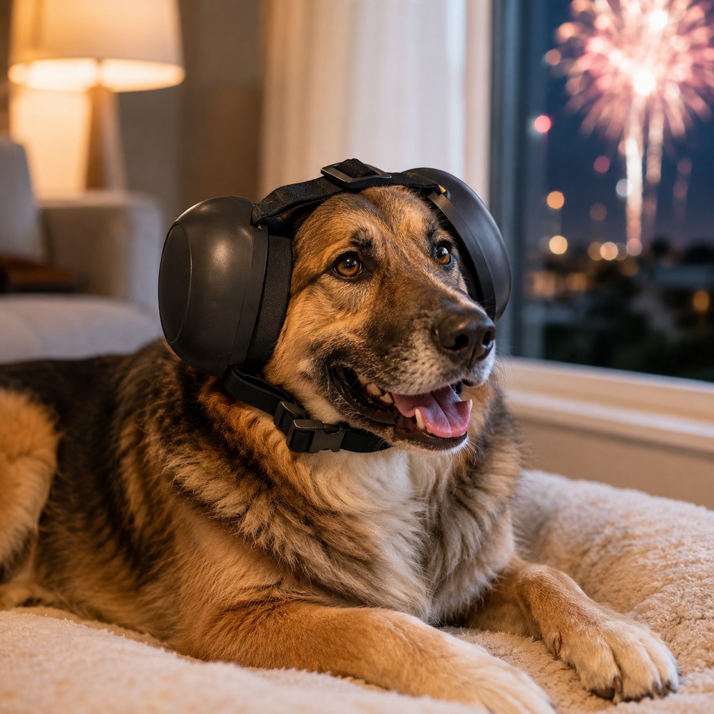 Dog ear muffs for noise reduction featuring an adjustable fit and soft padded ear protection, designed specifically for medium and large dogs. 1