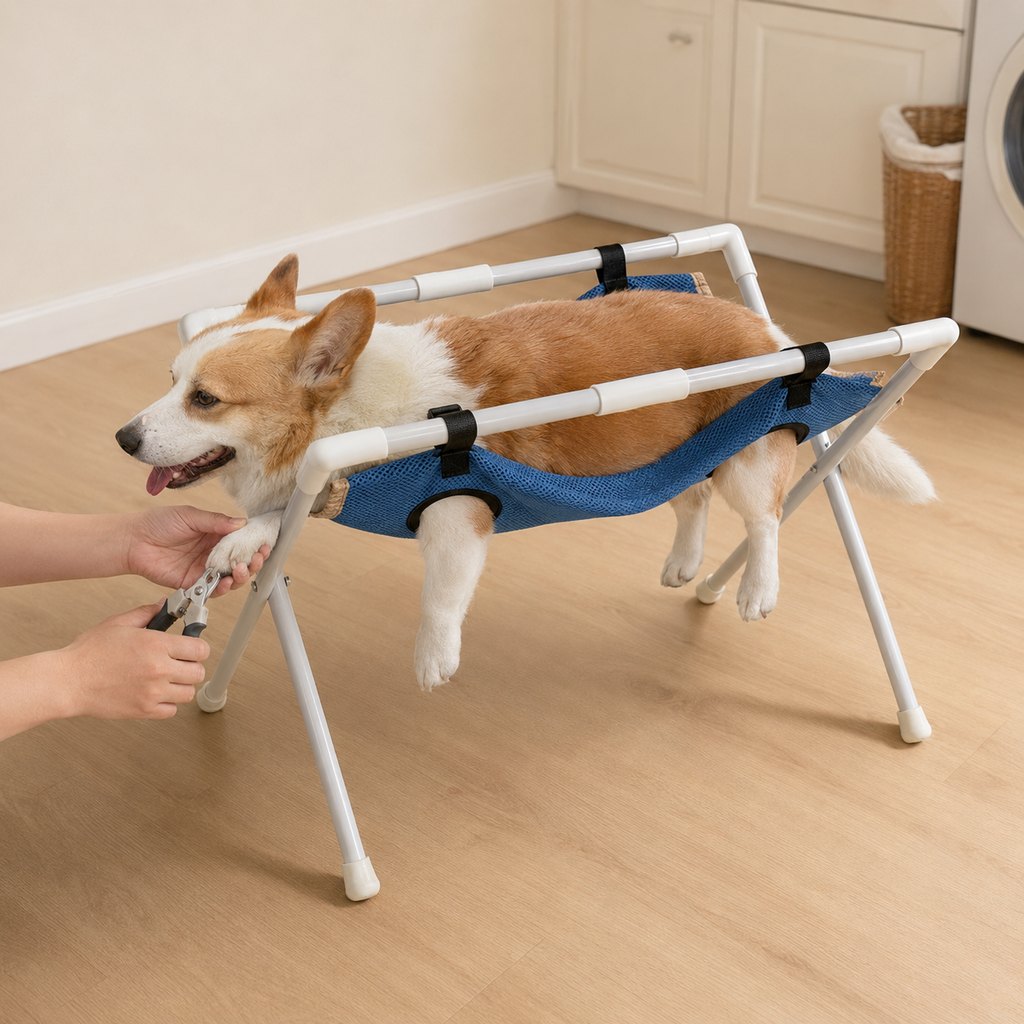 Dog grooming stand featuring a freestanding design with adjustable leg openings, accompanied by a portable polyester mesh hammock, ideal for small pets. 1