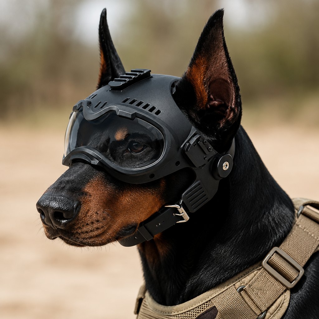 Dog helmet with integrated goggles, designed for medium to large dogs, featuring an adjustable tactical design for enhanced safety during outdoor adventures. 1