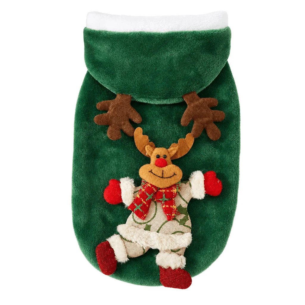 Dog hoodie for small and medium pets made of cozy flannel material, featuring a festive holiday design in vibrant red and green colors. 9