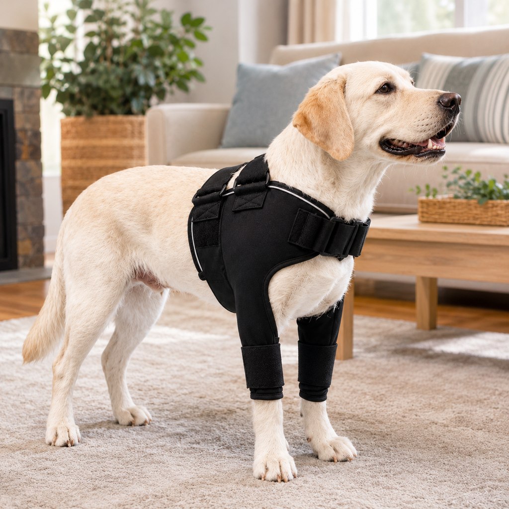 Dog leg brace for shoulder support, made from soft stretch neoprene, featuring an adjustable fit, ideal for senior dogs seeking comfort and stability. 0