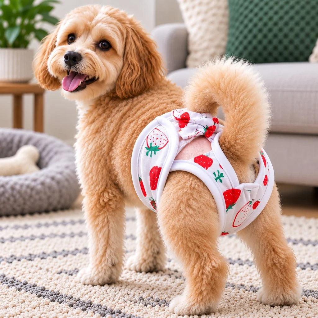Dog pants for female dogs featuring an adjustable fit, made from lightweight fabric, designed for heat cycle protection and comfort. 3