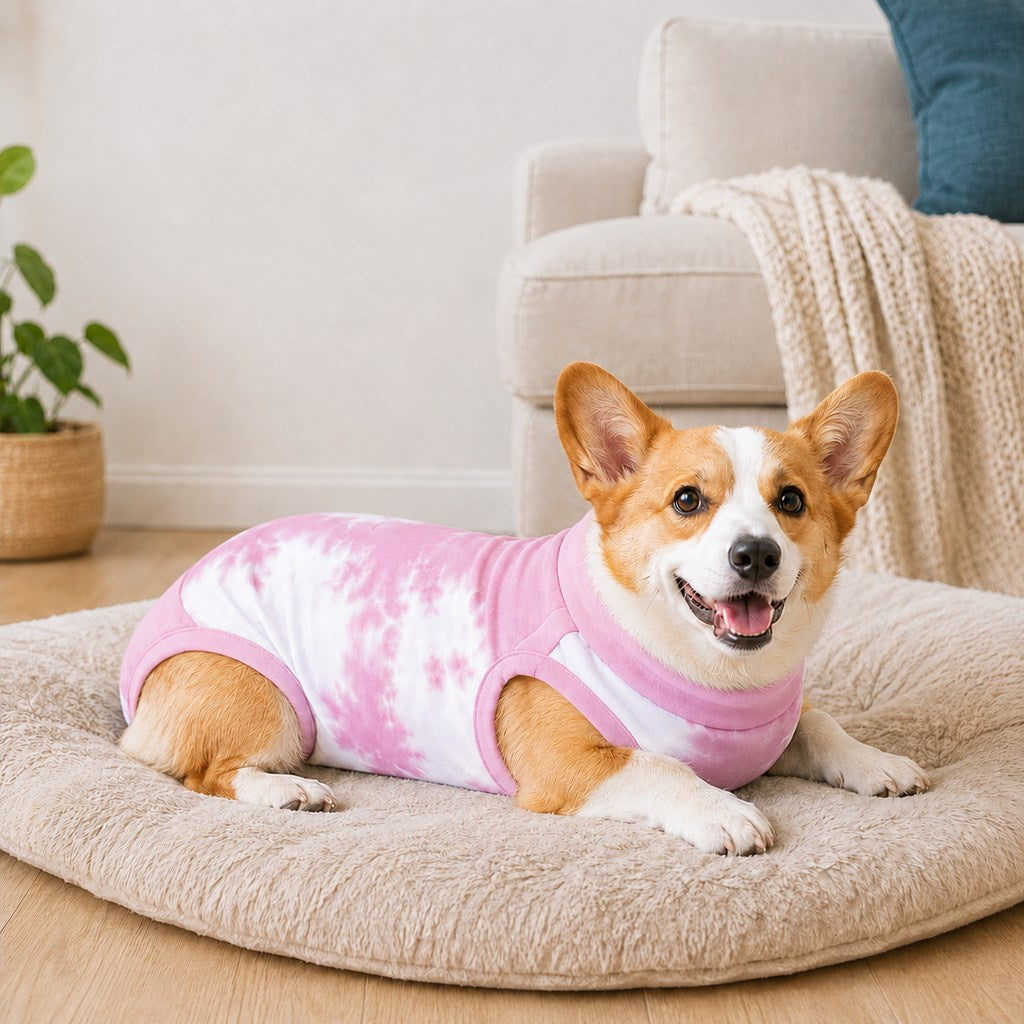 Dog recovery suit for post-surgery comfort, featuring a soft cotton blend anti-lick onesie with a potty-friendly design, perfect for keeping pets comfortable 10