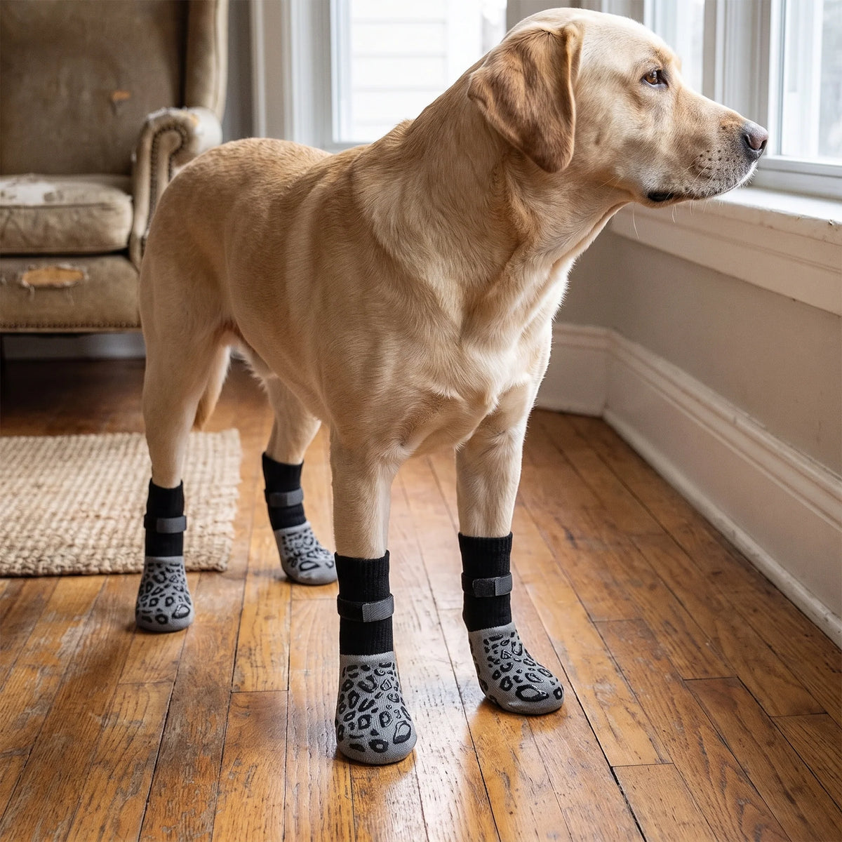 Dog socks with grips for traction on slippery floors, featuring anti-slip black design, available in a 4-pack with sizes ranging from S to XL. 1