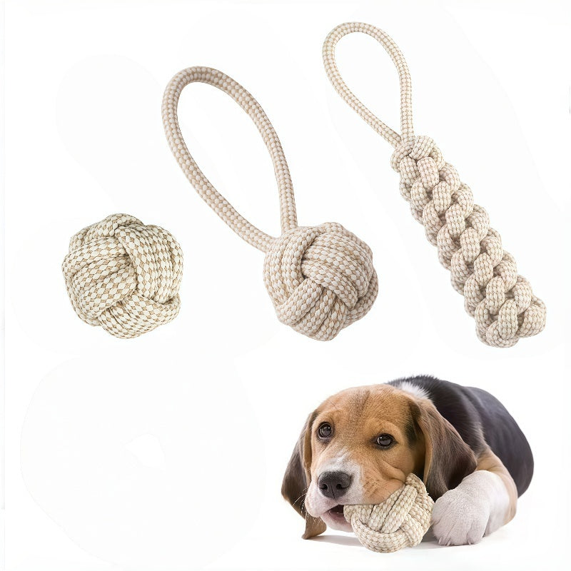 Dog Toy Rope Knot Set featuring three durable chew toys designed for aggressive chewers, perfect for interactive play and suitable for dogs of all sizes. 5