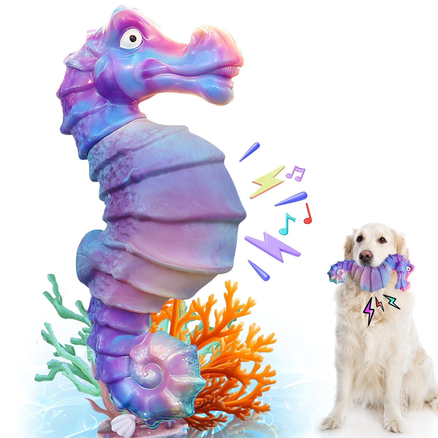 Durable purple seahorse-shaped squeaky dog chew toy designed for aggressive chewers, promoting dental health and providing hours of fun. 1