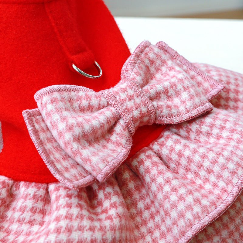 Elegant Bow Plaid Dog Dress Harness for Autumn/Winter – Vibrant Red Small Dog Clothes for French Bulldogs and Other Breeds 7
