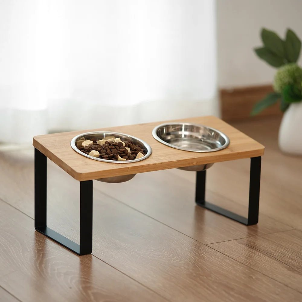 Elevated Dog and Cat Food Bowl with Wooden Stand and Stainless Steel Bowls 3