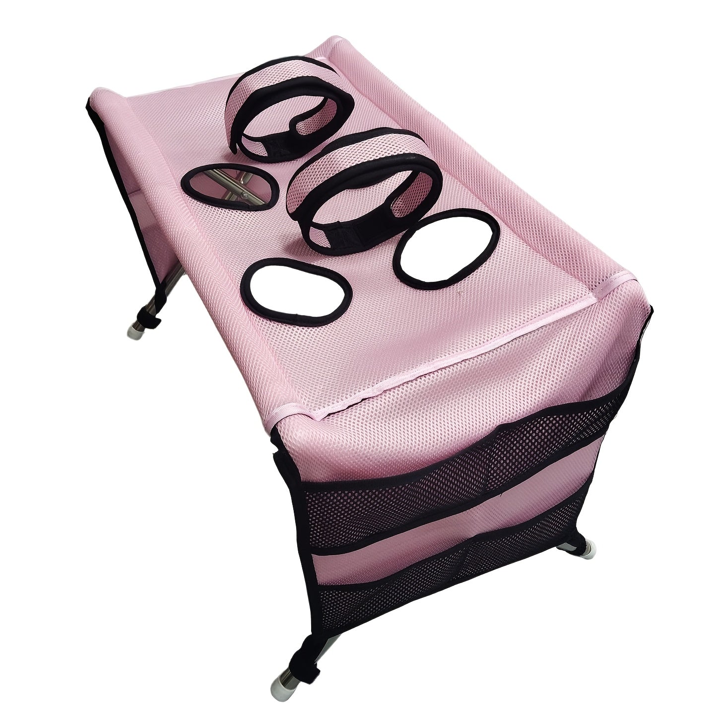 Foldable dog grooming table with hammock, featuring a stable surface for small dogs and cats, designed for easy storage and portability. 9