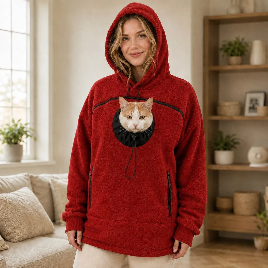 Hands-free pet carrier hoodie featuring an integrated pet pouch and adjustable opening, designed for comfort with cozy fleece material, perfect for carrying cats and small dogs. 13