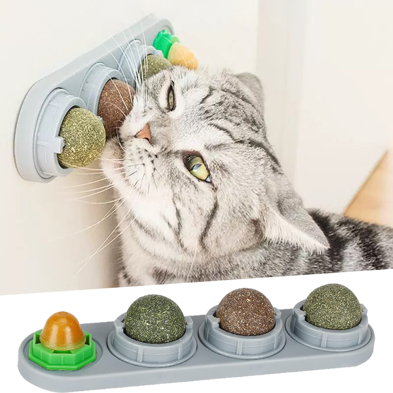 Interactive cat toy featuring 360° rotating balls designed for dental health, wall-mounted with catnip and silvervine lick balls for engaging playtime. 0