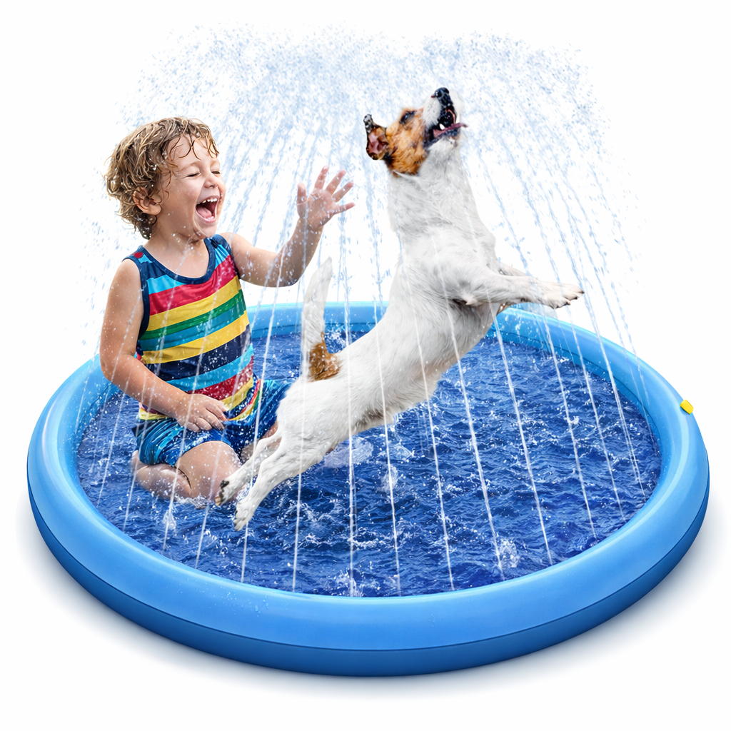 Large dog splash pad featuring built-in sprinklers, designed for outdoor summer fun, made from durable materials for lasting use. 1