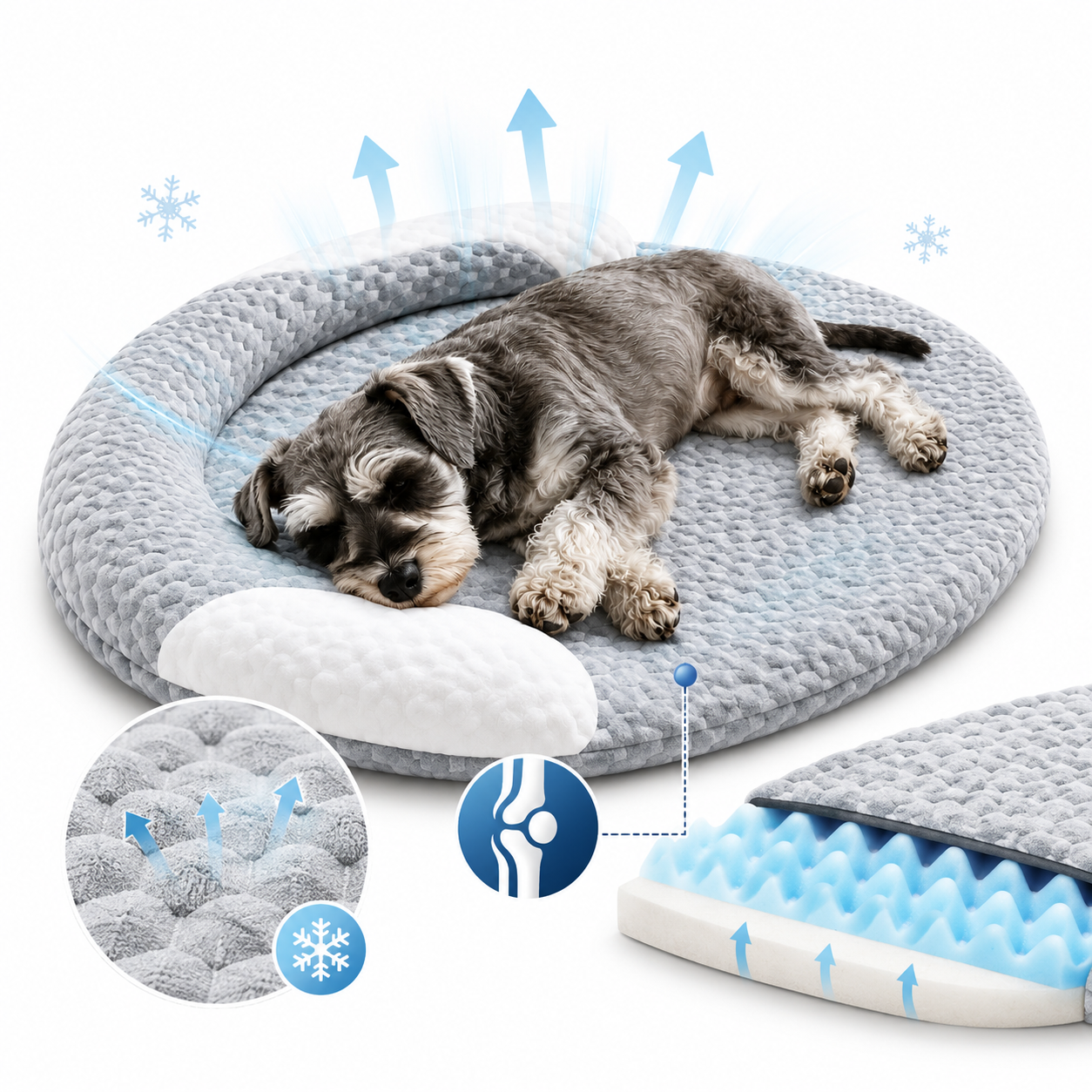 Orthopedic pet bed featuring a cooling surface, raised edges, and a washable non-slip design, ideal for dogs and cats. 1