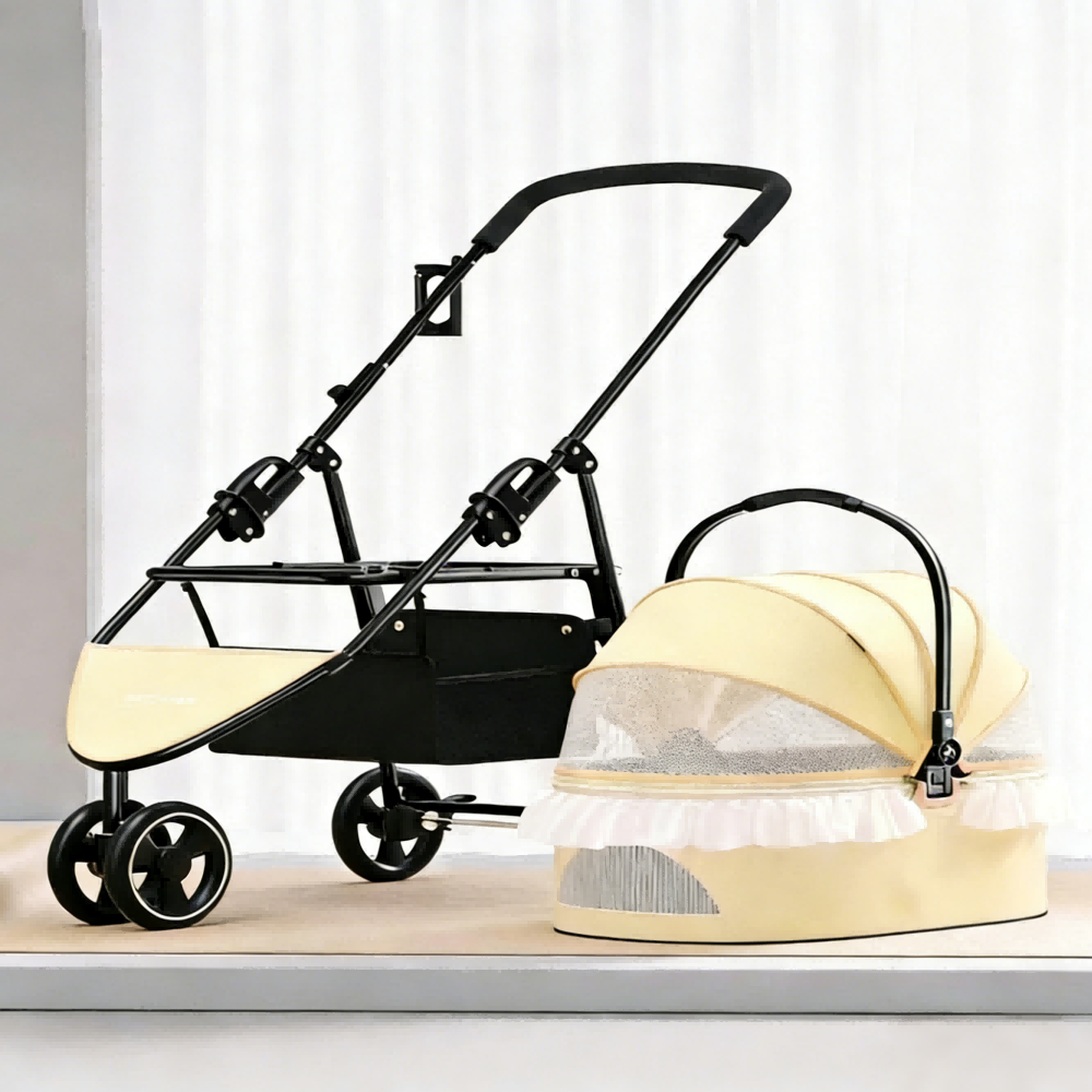Outdoor pet stroller featuring all-terrain wheels, foldable durable design, and breathable mesh windows, ideal for dogs and cats. 4