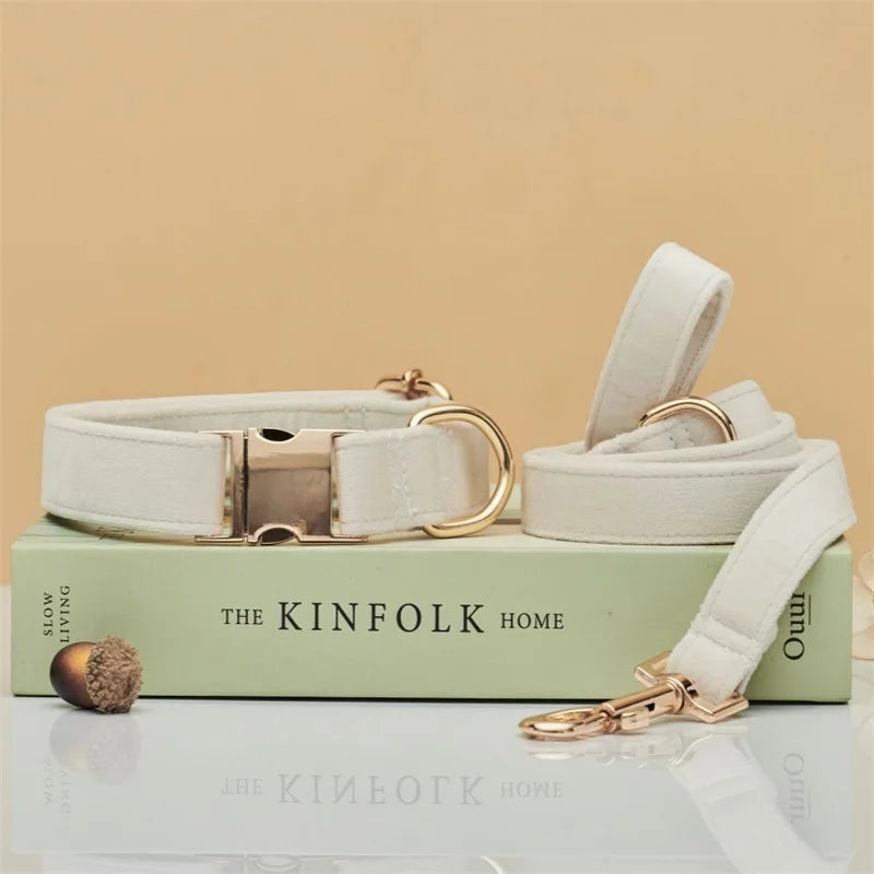 Personalized Velvet Dog Collar and Leash Set – Elegant Design in Brown, Gray, and White 13