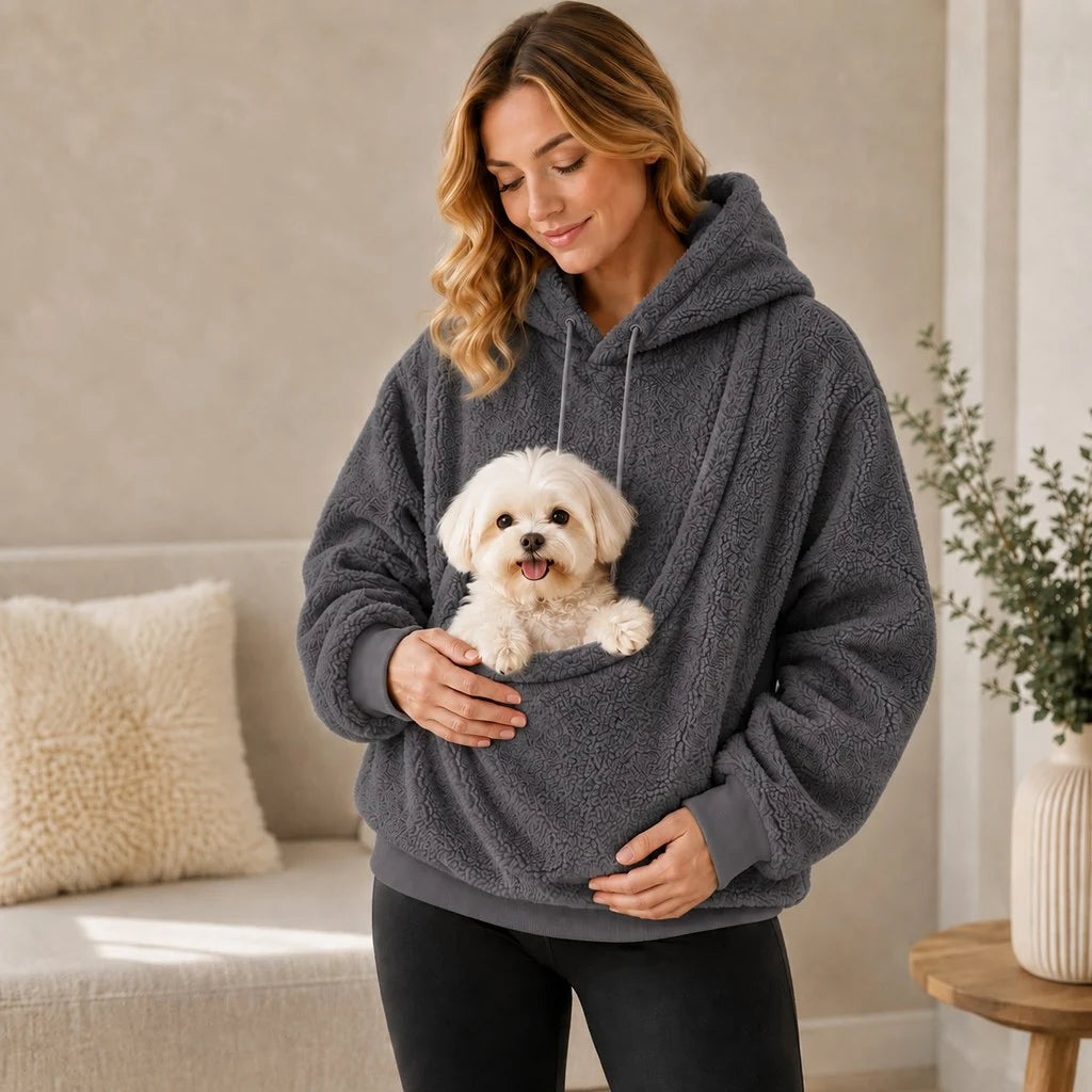 Cozy pet carrier hoodie featuring an integrated pouch and soft Sherpa fleece, perfect for small dogs and cats. 14