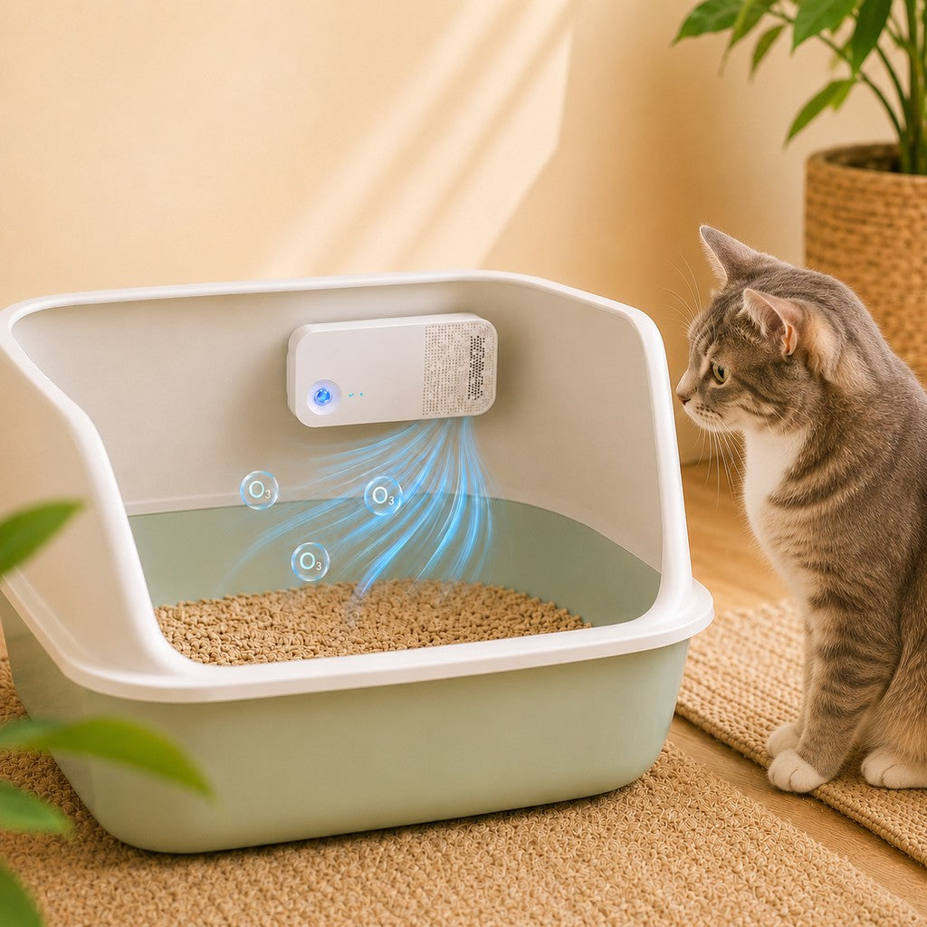 Pet Odor Purifier with Smart Auto-Sensing technology for effective litter box odor control, featuring a cordless design and adhesive mount, in a compact white 0
