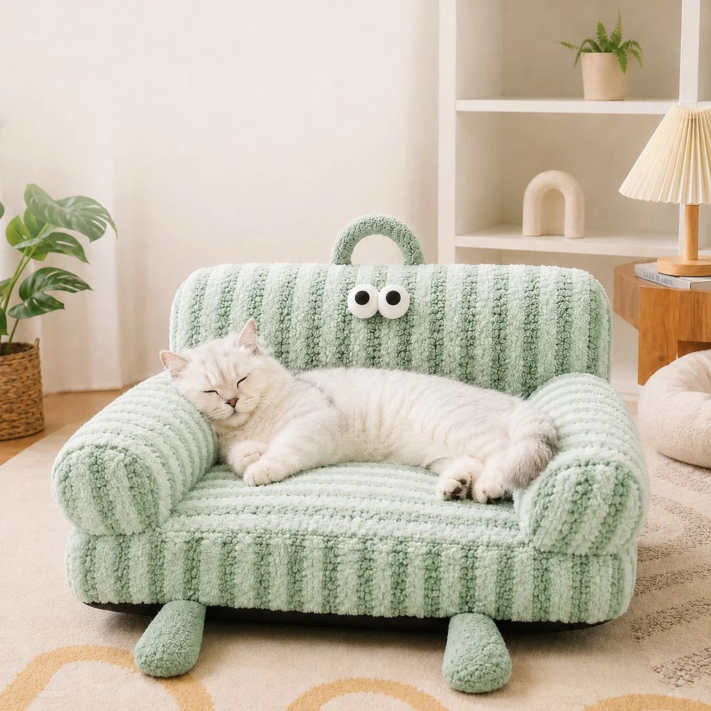 Cozy pet sofa bed for cats and small dogs featuring plush fabric and raised armrests, perfect for indoor lounging. 12