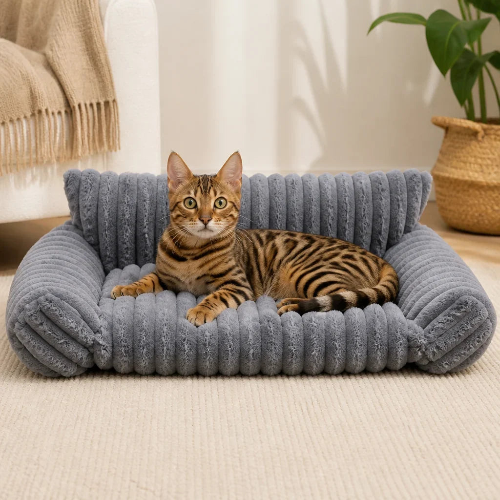 Pet sofa bed with a washable cover and soft side cushions, designed for dogs and cats, offering a plush indoor resting spot for ultimate comfort. 9