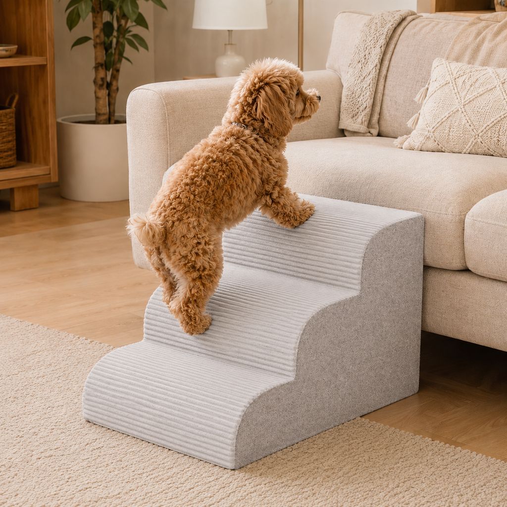 Pet stairs for bed featuring non-slip, washable steps made of high-density foam, designed for small dogs and cats to easily access high surfaces. 19