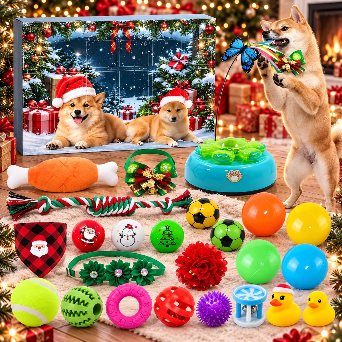 Pet Toy Advent Calendar featuring assorted toys for cats and dogs, designed for a 24-day interactive countdown to the holidays. 9