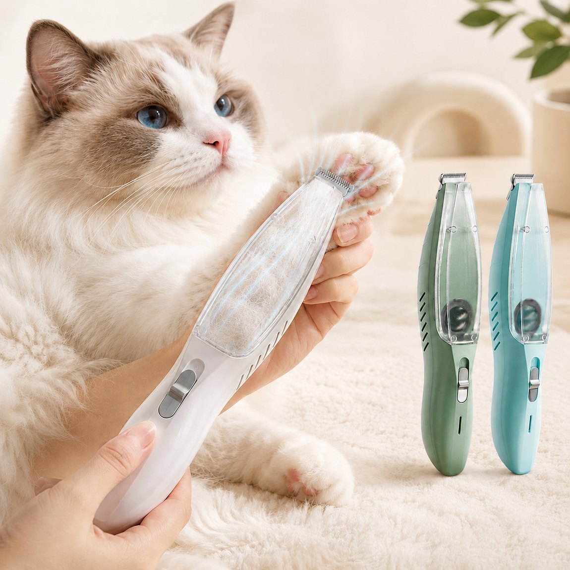 Pet trimmer with built-in vacuum function and low-noise design, perfect for grooming cats and dogs, featuring USB rechargeable capability for convenience. 0