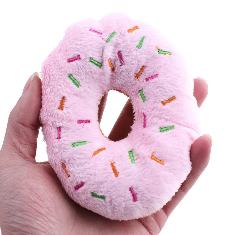 Plush Donut Dog Toy with Squeaker for Small and Medium Dogs – Soft Interactive Chew Toy in Gray/Pink 5