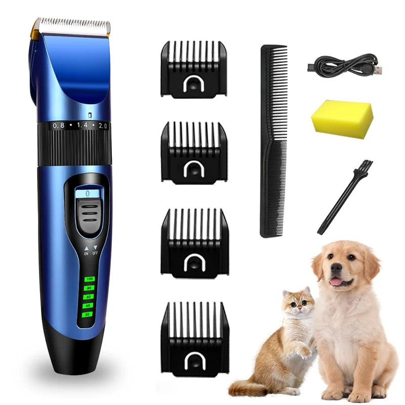 Rechargeable pet clipper designed for dogs and cats, featuring low-noise operation for a stress-free grooming experience, ideal for professional pet grooming. 8