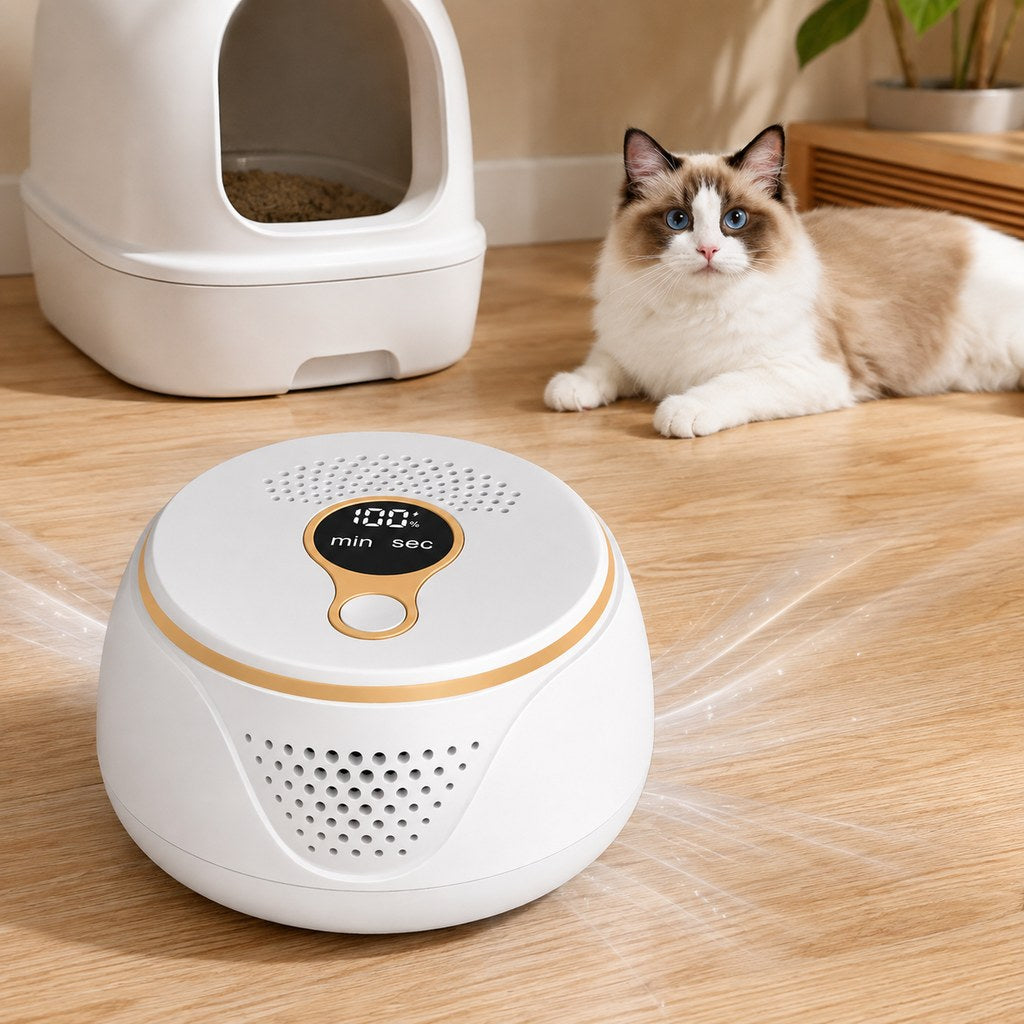 Rechargeable pet odor eliminator in a compact white and gold design, featuring USB-C charging, ideal for use in dog crates and cat litter areas. 0
