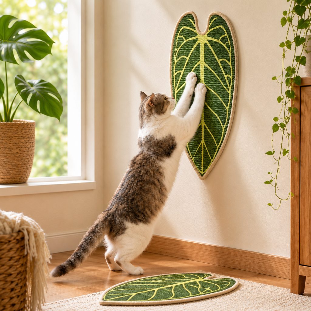 Sisal cat scratcher mat featuring a botanical design, perfect for wall and floor use, providing a versatile indoor scratching solution for cats. 10