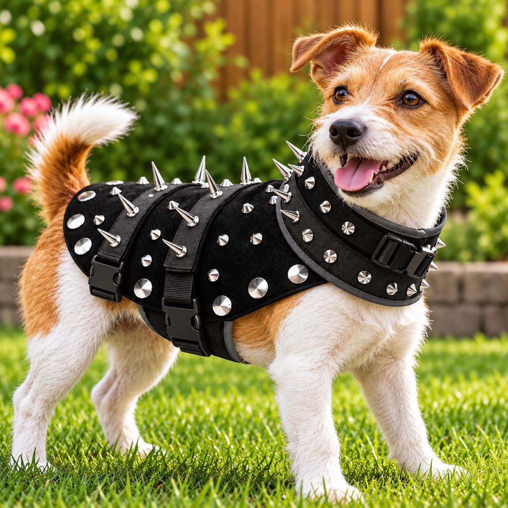 Spiked dog vest with adjustable neck guard, designed for small dogs, featuring breathable mesh fabric for comfort and extra coverage. 9